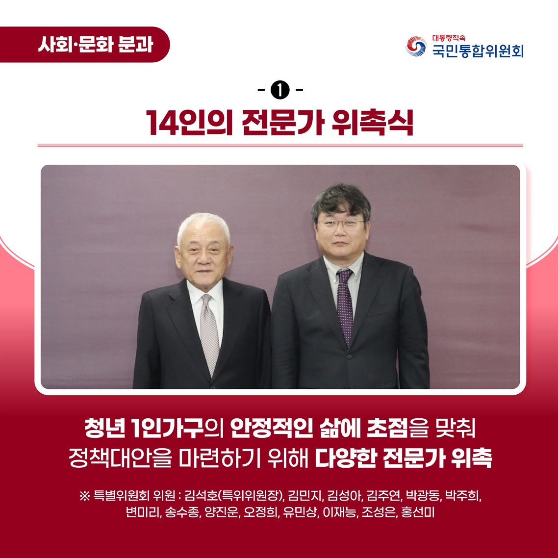 청년 1인가구 대응 특별위원회 출범식 및 제1차 회의 카드뉴스 이미지 14인의 전문가 위촉식 청년 1인 가구의 안정적인 삶에 초점을 맞춰 정책대안을 마련하기 위해 다양한 전문가 위촉 특별위원회 위원 : 김석호(특위위원장), 김민지, 김성아, 김주연, 박광동, 박주희, 변미리, 송수종, 양진운, 오정희, 유민상, 이재능, 조성은, 홍선미